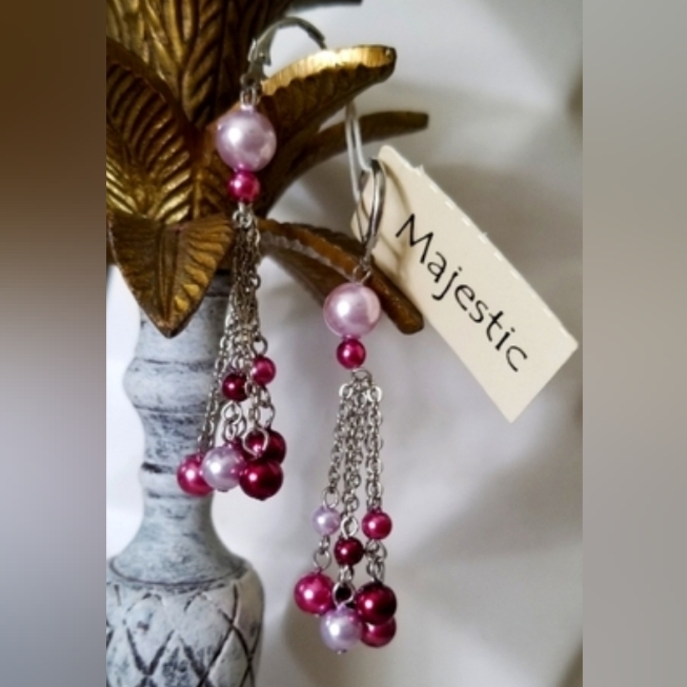 Rare Vintage Sterling Silver & Majestic Shades Of Pink Beaded Dangle Earrings